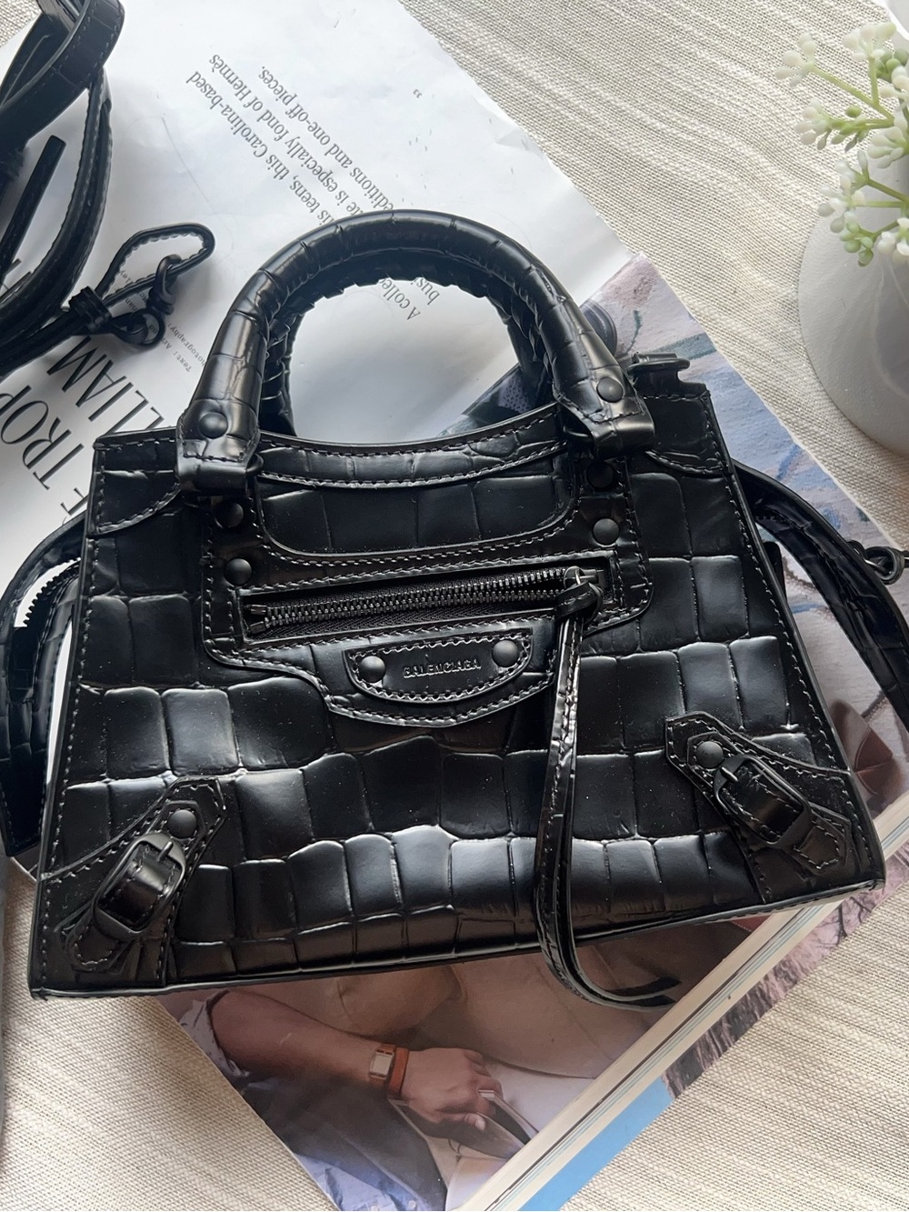 BALENCIAGA SHINY CROCODILE EMBOSSED NEO CLASSIC MINI CITY
